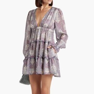 CAMI NYC Venezia cutout tiered printed silk-voile mini dress long sleeves Small